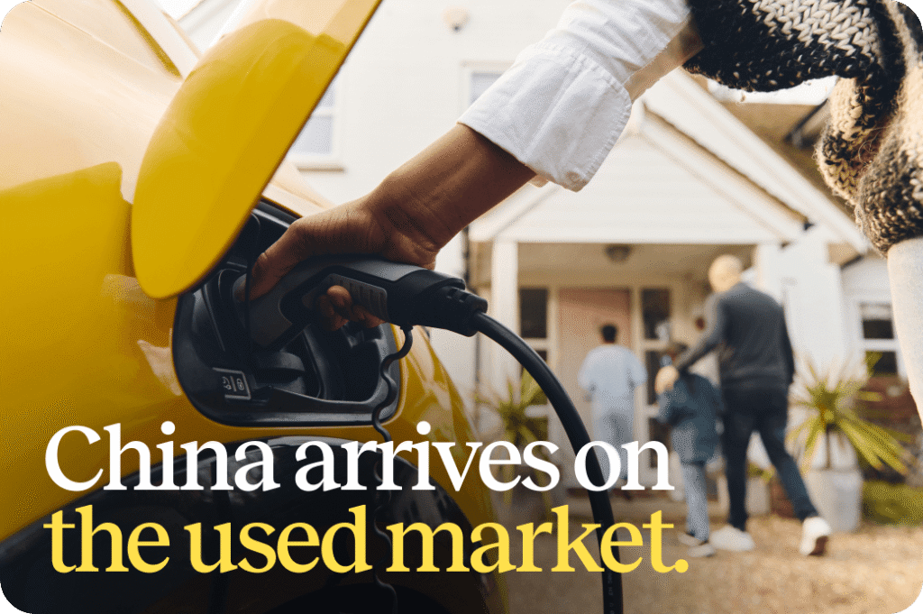 Plugging in a yellow electric car - titled 'China arrives on the used car market'